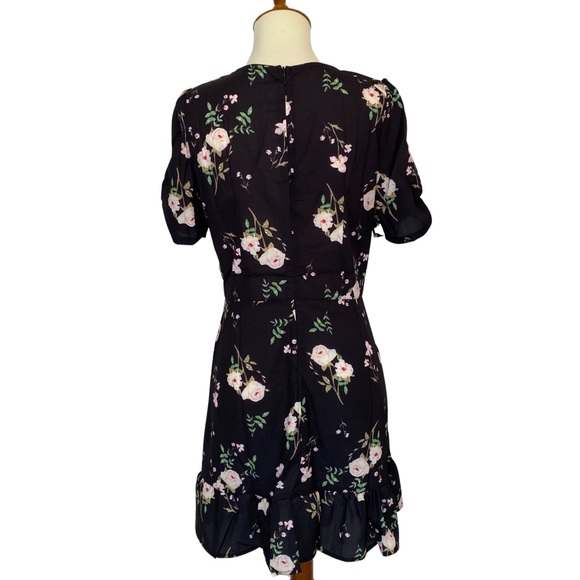 Boho Black Floral Short Sleeve Chiffon Mini Dress - Picture 13 of 16